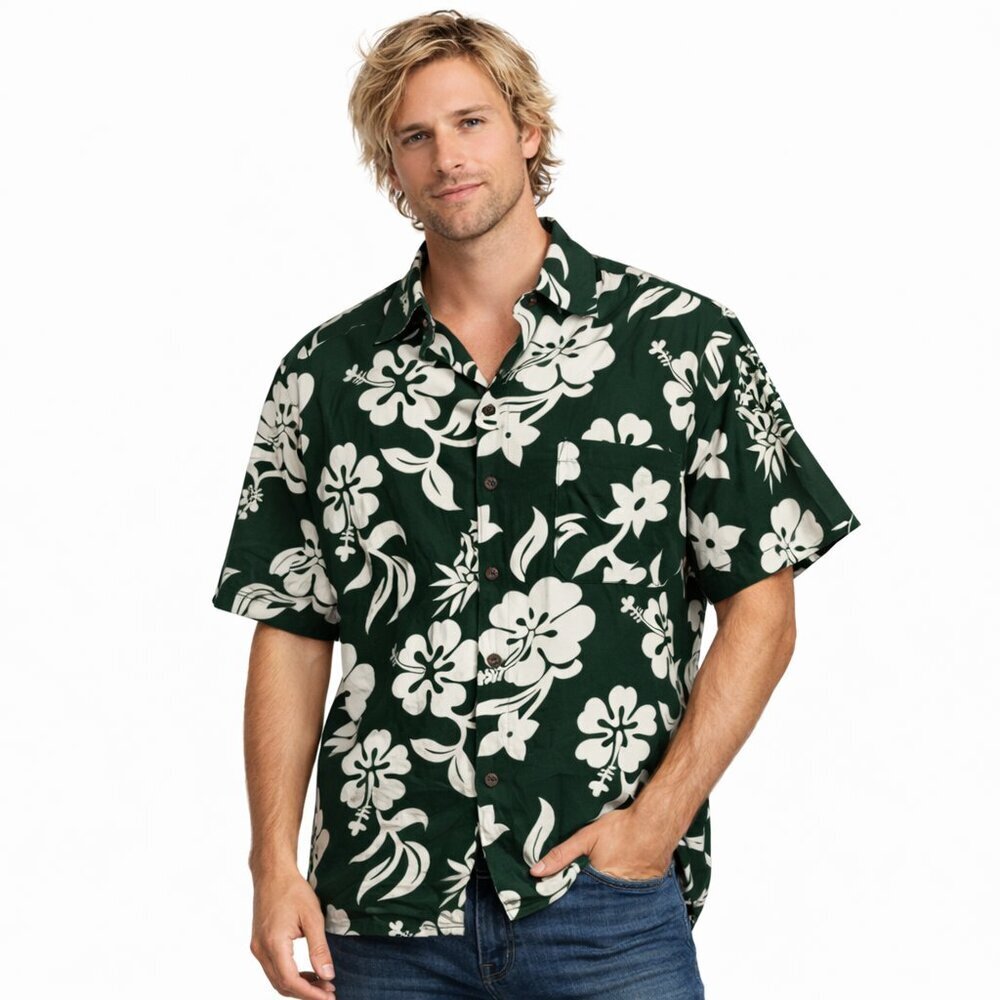OP Aloha Men's Tropical Shirt Sz Large Floral Hawaiian Green White Short Sleeve